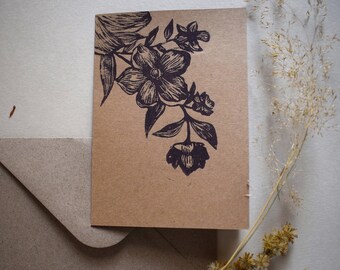 Linogravure de fleurs sur carte A6 + enveloppe
