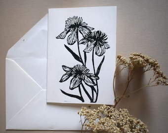 Linogravure de fleurs  carte A6 + enveloppe