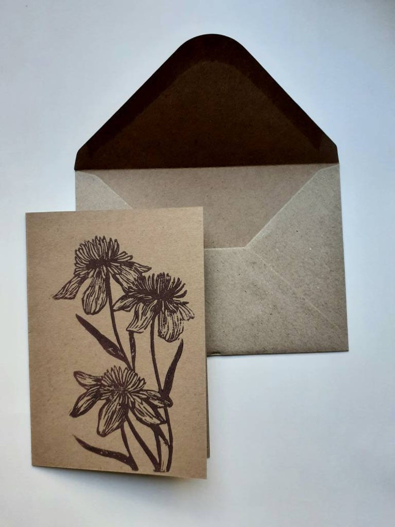 Linocut of flowers A6 card envelope image 3