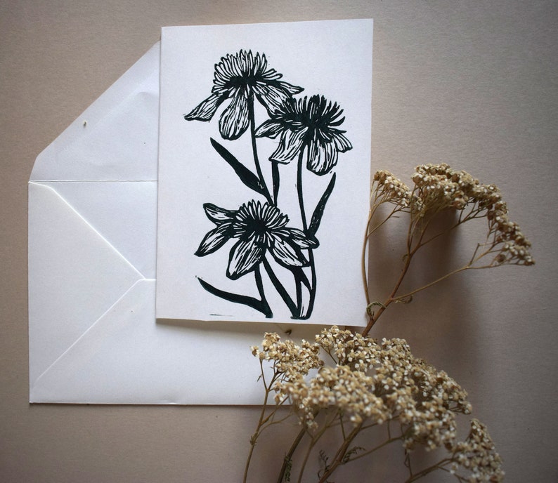 Linocut of flowers A6 card envelope image 1