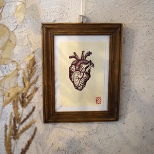 Linogravure de cœur anatomique sur carte A6 + enveloppe