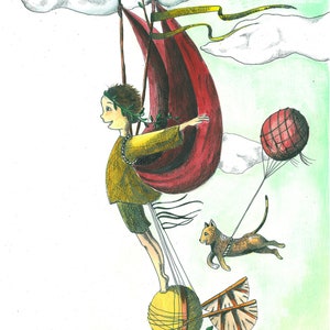 May include: A whimsical illustration of a person swinging on a red hammock attached to a branch with green leaves. The person is wearing a yellow shirt and is holding onto the hammock with one hand. A small orange cat is attached to a red balloon and is flying in the air. The person is swinging over a large yellow ball with a brown band around it.