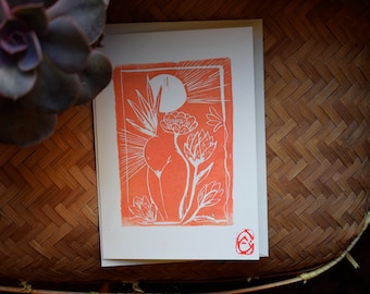 Linocut of a pregnant woman on A6 card + envelope