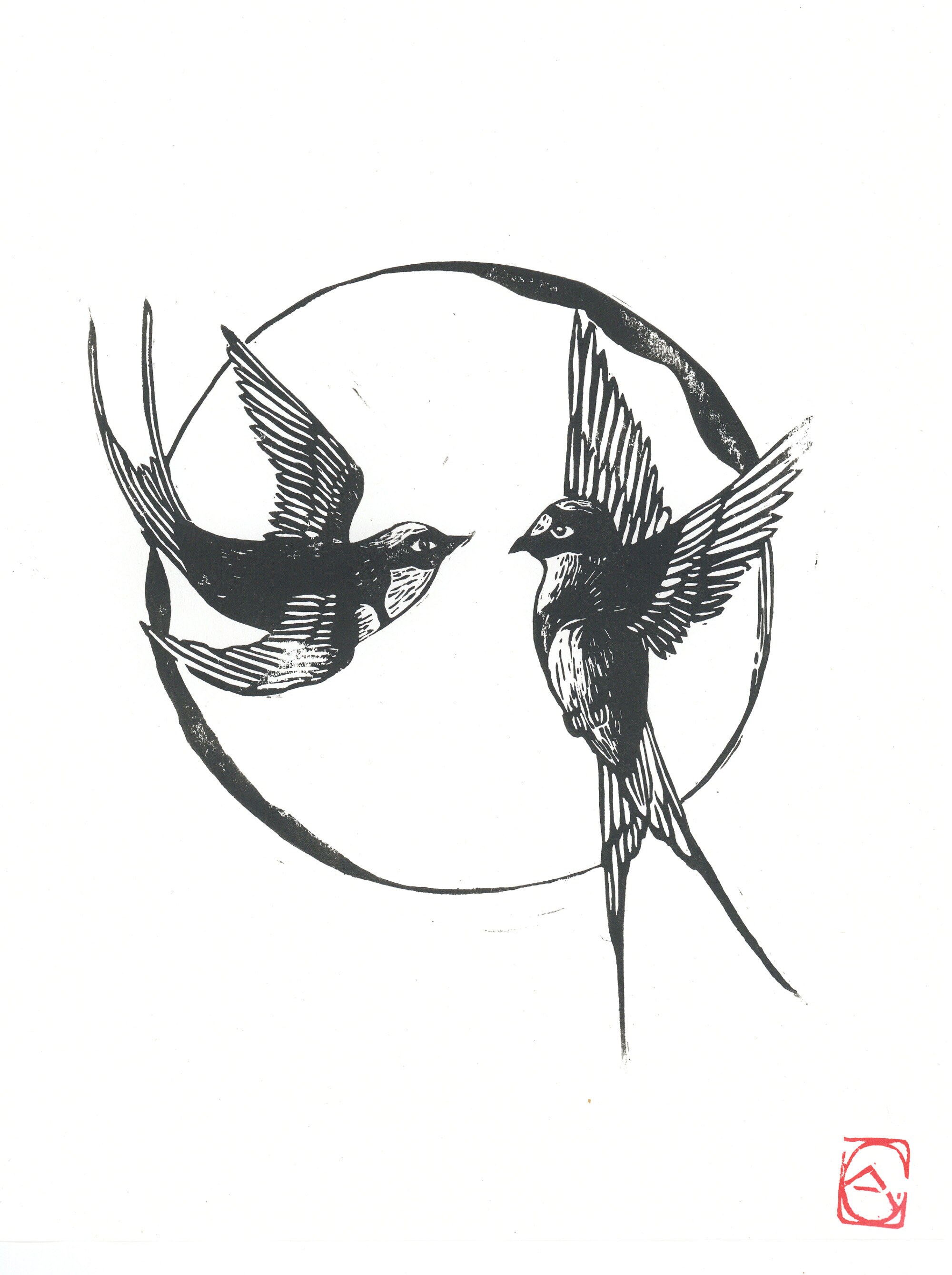 Linogravure de 2 Hirondelles, Format ~ A4