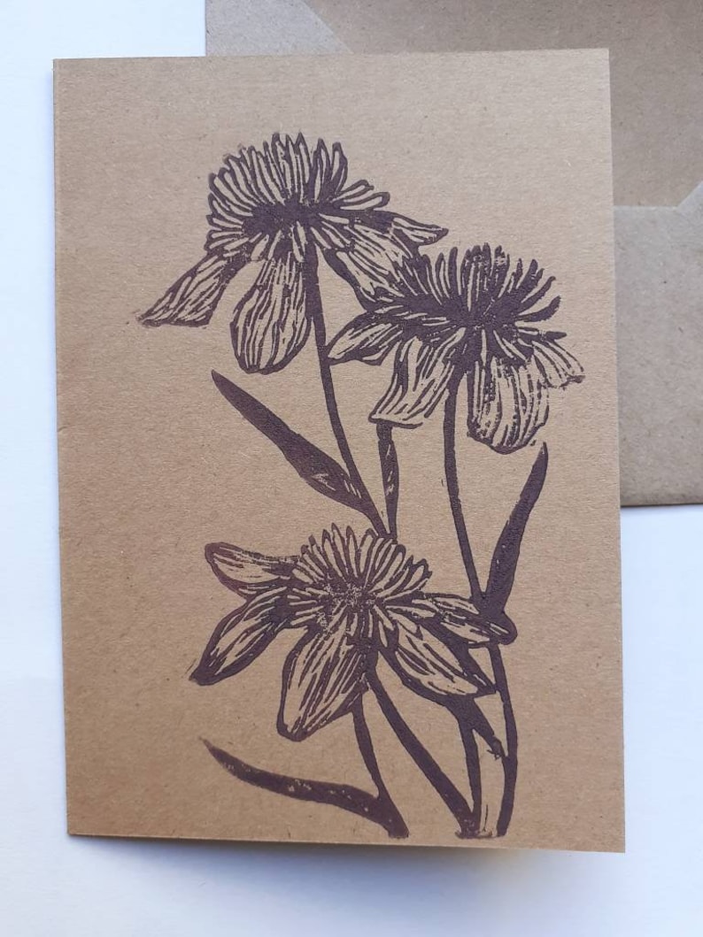 Linocut of flowers A6 card envelope image 2