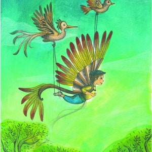 May include: A child wearing a hat and a backpack with wings made of feathers flies on a swing with two birds flying above. The background is a green watercolor wash.