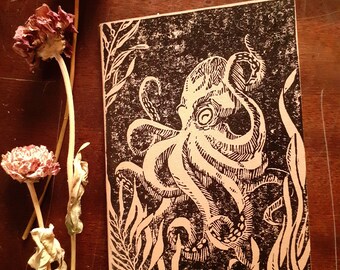 A6 notebook, octopus linocut