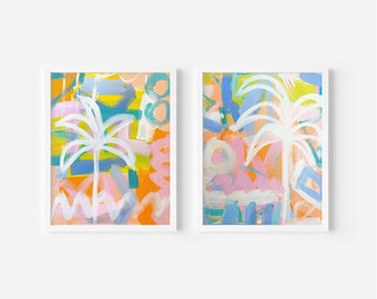 Printable Palm Tree Wall Art Set, Instant Download, Coastal Tropical Artwork, Palm Tree Abstract Painting Image