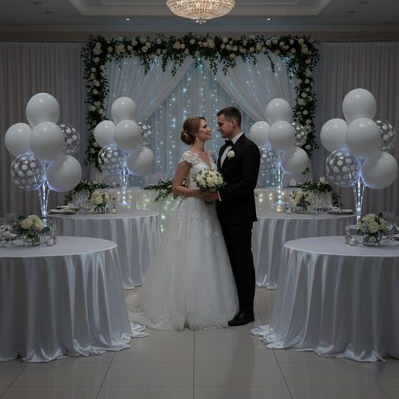 6 Set Balloon Stand Table Centerpieces with LED Lights for Party Decor,(White )