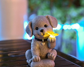 Solar Dog Garden Statue – Butterfly Lights, Waterproof Resin Decor
