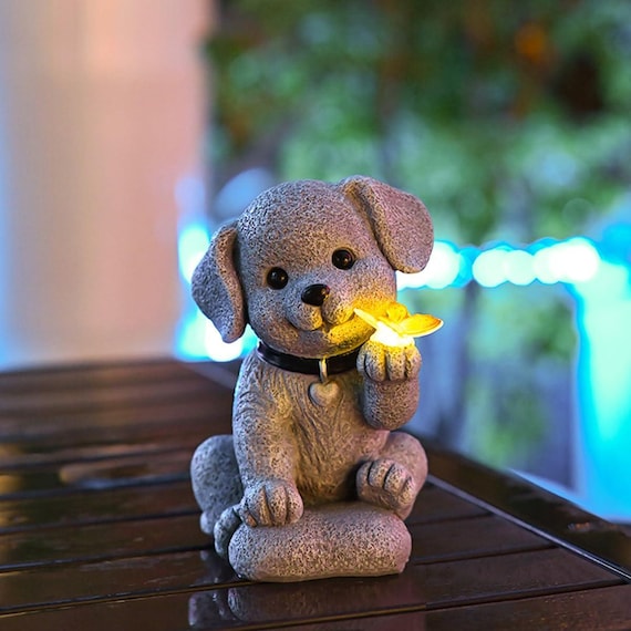 Solar Dog Garden Statue – Butterfly Lights, Waterproof Resin Decor