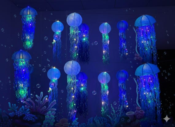 Handmade Jellyfish Paper Lanterns with Lights - 12PCS Blue  Teal Hanging Mermaid Lantern Decorations for Ocean Theme Birthday