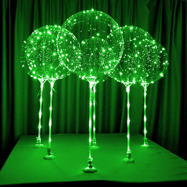 Light up Green LED Balloons, St Patrick's day balloons 6pc of balloons with sticks and stands, DIY kit, table top use, no helium required