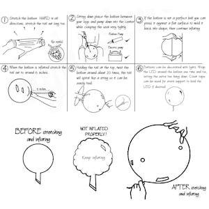 Pu&ograve; includere: Una guida passo passo su come gonfiare un palloncino grande. La guida include illustrazioni del processo, tra cui come allungare il palloncino, gonfiarlo e legare la coda. La guida include anche suggerimenti su come decorare il palloncino con le luci.