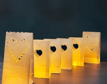 light up luminary bags with LED lights included, 50pc of mixed staggered height and heart pattern
