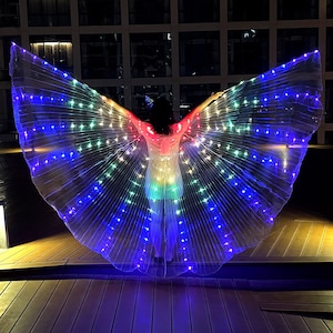 May include: A person wearing a set of illuminated, rainbow-colored wings. The wings are made of a translucent material and are lit with numerous small LED lights in a spectrum of colors, creating a vibrant and eye-catching display. The wings are spread wide.