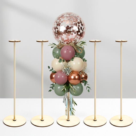 Reusable Wood Balloon Stand Kit, Wooden Tabletop Display with Sticks and Base, Ballon Stand