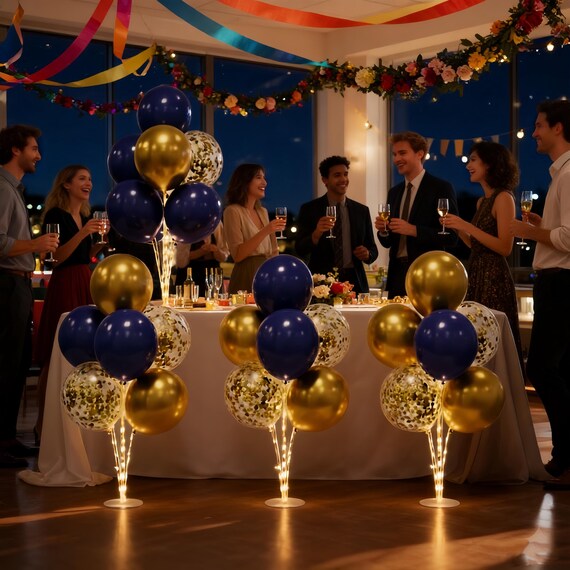6 Set Balloon Stand Table Centerpieces with LED Lights for Party Decor,(Gold & Navy)