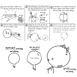 May include: A step-by-step guide on how to inflate a large balloon. The guide includes illustrations of the process, including how to stretch the balloon, inflate it, and tie the tail. The guide also includes tips on how to decorate the balloon with lights.