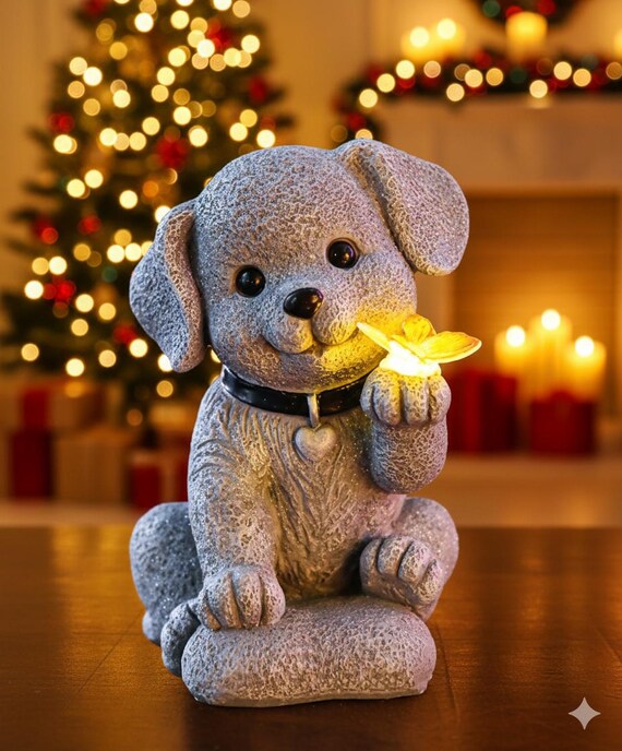 Solar Dog Garden Statue – Butterfly Lights, Waterproof Resin Decor