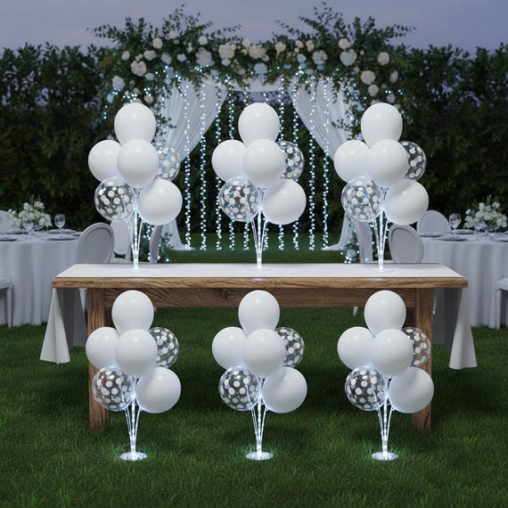 6 Set Balloon Stand Table Centerpieces with LED Lights for Party Decor,(White )