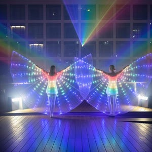 May include: Two people stand with their backs to the camera, wearing rainbow-colored outfits and illuminated wings. The wings are lit with numerous small, colorful LED lights, creating a vibrant display. The background features a colorful light show.