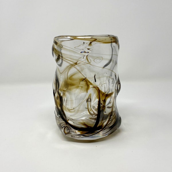 A glass vase from the Knobbly Range in Streaky brown designed by Wilson and Dyer for Whitefriars