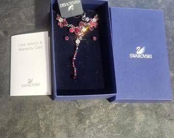 Retired swarovski Gisele Red Jewelry Set 1017200  Red Crystal Y Necklace Stud Earrings  Ruthenium Plated Original Box,tag warranty card+bag