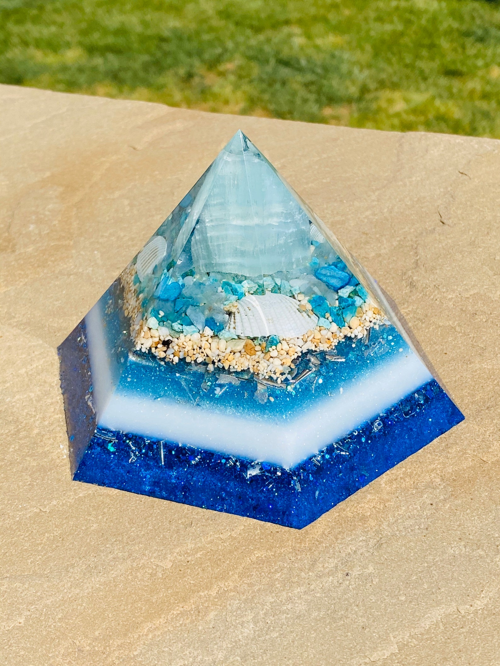 Aquamarine Orgone Pyramid EMF 5g Protection Hexagon with beach | Etsy