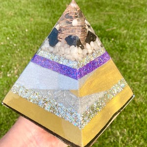HUGE Elite Shungite Quartz Orgonite Pyramid Large Emf 5G Protector Geometric gold silver double quartz point atomized metals Holographic