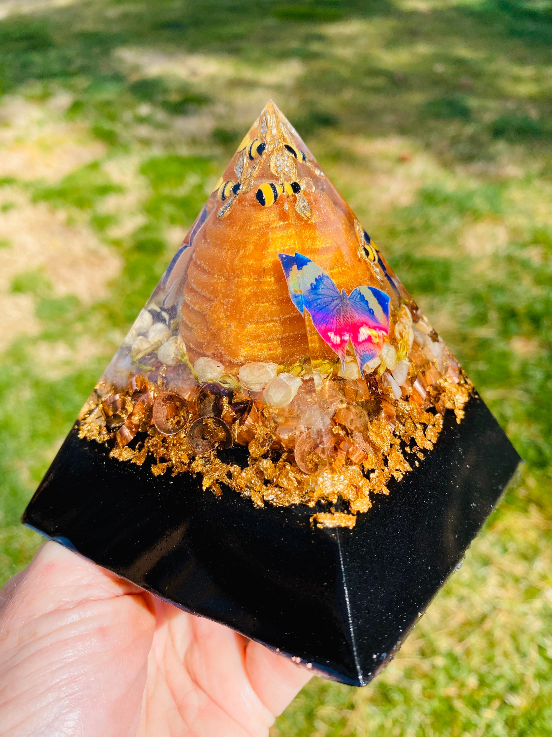 Bee orgone pyramid emf 5g protection black gold with citrine  etsy Bee orgone pyramid emf 5g protection black gold with citrine  etsy
