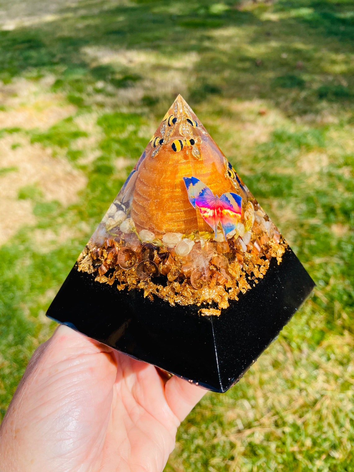 Bee orgone pyramid emf 5g protection black gold with citrine  etsy Bee orgone pyramid emf 5g protection black gold with citrine  etsy