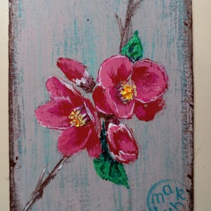 ACEO Pintura original chaenomeles flores Arte ACEO tarjetas Aceo pintura acrílica Aceo pequeña pintura original 3.5X2.5 in chaenomeles