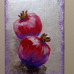 Art ACEO Original Karten Aceo Acrylbild Aceo kleines Originalgemälde 7X3.5 in Granatapfel Früchte silbernem Hintergrund