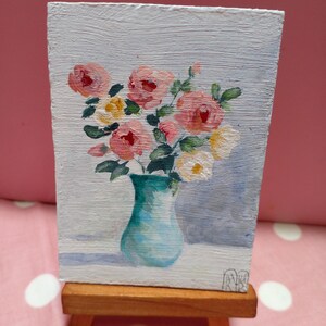 ACEO Original Art pintura flores Arte ACEO cartões acrílico pequena pintura original 3,5X2,5 pol. natureza morta vaso luz um buquê de rosas