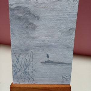 ACEO Pintura original Arte ACEO cartões pintura acrílica pequena pintura original 3,5 pol X2,5 pol paisagem manhã neblina rio fundo cinza