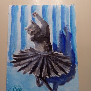 ACEO Dipinto originale Gatto che balla cigno nero Arte ACEO carte Aceo dipinto acrilico Aceo piccolo dipinto originale 3,5X2,5 in pittura