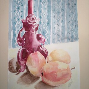 Dipinto originale ad acquerello vino e pere Dipinto d'arte Dipinto originale natura morta verde rosa cibo fatto in casa cibo sanovita