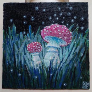 Painting Original acrylic  glowing mushrooms Art painting Original  Painting  mushrooms in the grass
