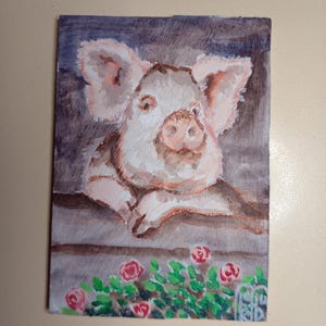 ACEO Pintura original Arte ACEO tarjetas Aceo pintura acrílica Aceo pequeña pintura original 3.5X2.5 in pintura granja cerdo jabalí y rosas