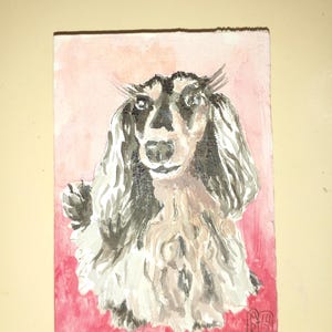 Pintura original de arte ACEO, cão, cartões originais, pintura acrílica Aceo, pequena pintura original, 3,5 pol. X2,5 pol., fundo rosa fofo de dachshund