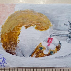 ACEO Pintura original gato boca abajo bebiendo agua Arte ACEO tarjetas Aceo pintura acrílica Aceo pequeña pintura original 2.5X3.5 in pintura