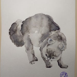 Original Watercolor Cat Painting: Semi Abstract Art (8.15x5.8)