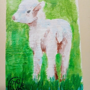 Pintura original Arte ACEO tarjetas pintura acrílica pequeña pintura original 3.5 in X2.5 in fondo verde cordero blanco lindo