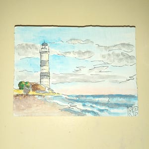 ACEO Original Art pintura mar Original cartões Aceo acrílico pequena pintura original 2,5X3,5 em paisagem marinha com um farol azul