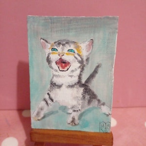 ACEO Pintura original Arte ACEO tarjetas pintura acrílica pequeña pintura original 3.5 en X2.5 en gato malhumorado gatito