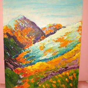 Pintura a óleo original impasto pintura artística pintura original flores selvagens céu vento primavera nas montanhas papoulas