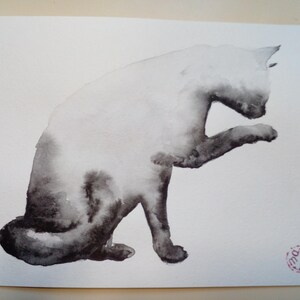 Originele semi-abstracte aquarel: zwarte kat kunst