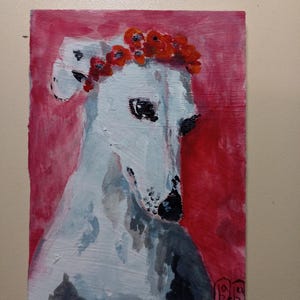 Arte original de ACEO Tarjetas de arte de ACEO Pintura acrílica Pintura original 3.5X2.5 in Pintura Tocado de perro Corona de flores Galgo
