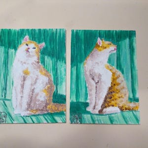 Ensemble ACEO Peinture originale chats blanc et or Art ACEO Deux cartes Peinture acrylique Aceo 3,5 X 2,5 en peinture chat